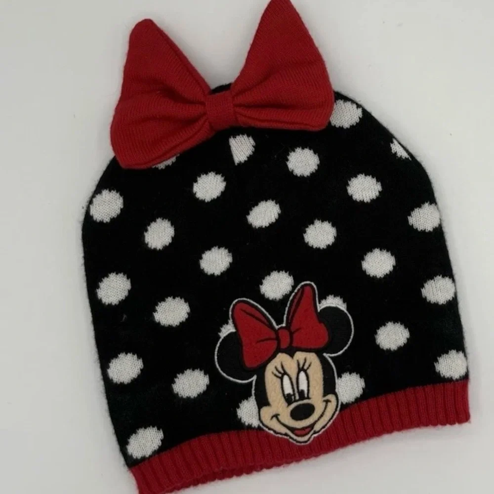 Disney Minnie Mouse Beanie Hat Size 2T- 5T  Polka Dot Black  White Red Bow